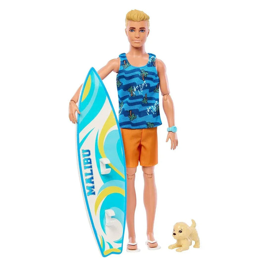 Barbie Ken Doll with Surfboard and Pet Puppy, Poseable Blonde Ken Beach Doll with Themed Accessories Like Towel - Jaiman Toys