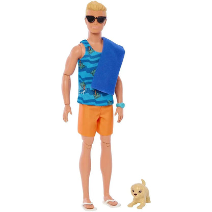 Barbie Ken Doll with Surfboard and Pet Puppy, Poseable Blonde Ken Beach Doll with Themed Accessories Like Towel - Jaiman Toys