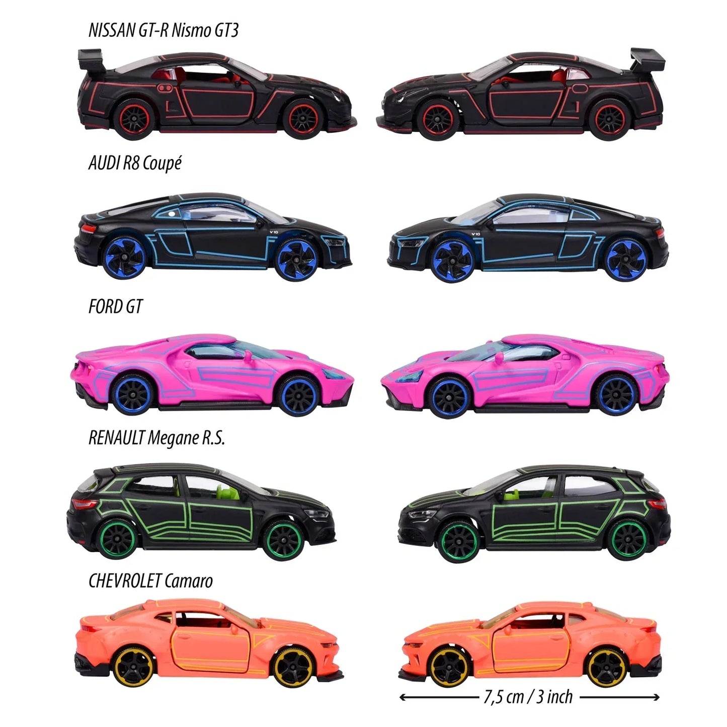 Majorette Light Racer Diecast Car Gift Pack – Set of 5 Neon Style Metal Cars | 1:64 Scale Collectible Vehicles with Opening Parts