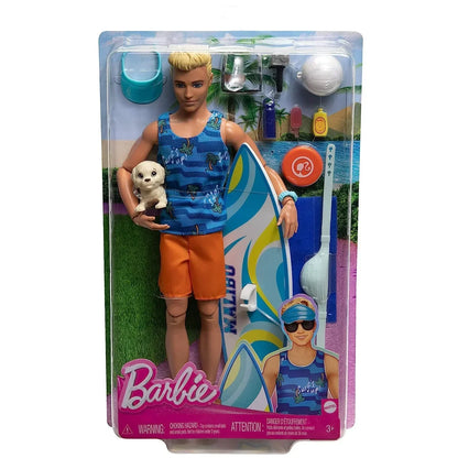 Barbie Ken Doll with Surfboard and Pet Puppy, Poseable Blonde Ken Beach Doll with Themed Accessories Like Towel - Jaiman Toys