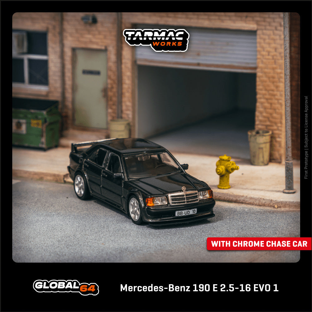 Tarmac Works GLOBAL64 1:64 Mercedes-Benz 190E 2.5-16 EVO 1 Blue-Black Metallic Diecast Model Car (T64G-057-BK)