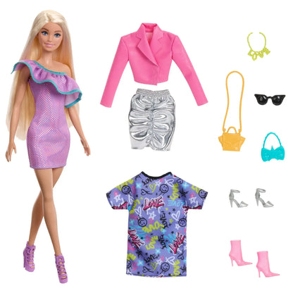 Barbie Doll with Clothes and Accessories, Blond Hair and 3 Party-Themed Mix-and-Match Outfits Including Dresses, Purses and Heels - Jaiman Toys