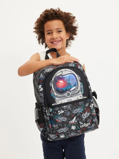 Smiggle Astronaut Space Backpack 42cm with 3D Helmet Pocket, Laptop Sleeve & Dual Bottle Pockets – Black