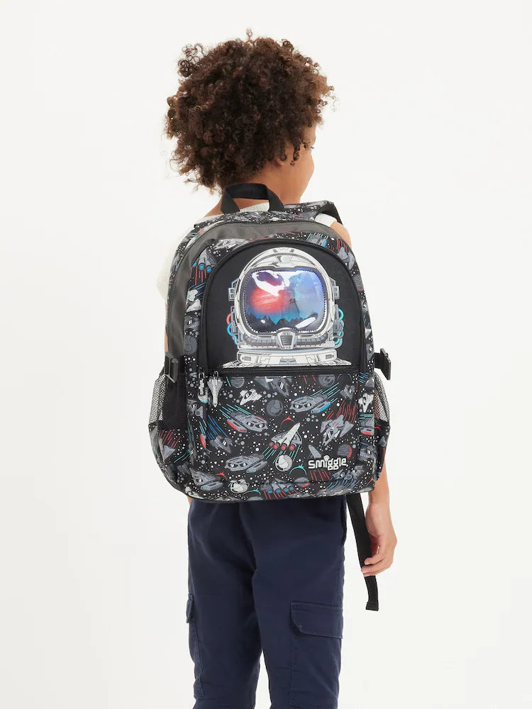 Smiggle Astronaut Space Backpack 42cm with 3D Helmet Pocket, Laptop Sleeve & Dual Bottle Pockets – Black