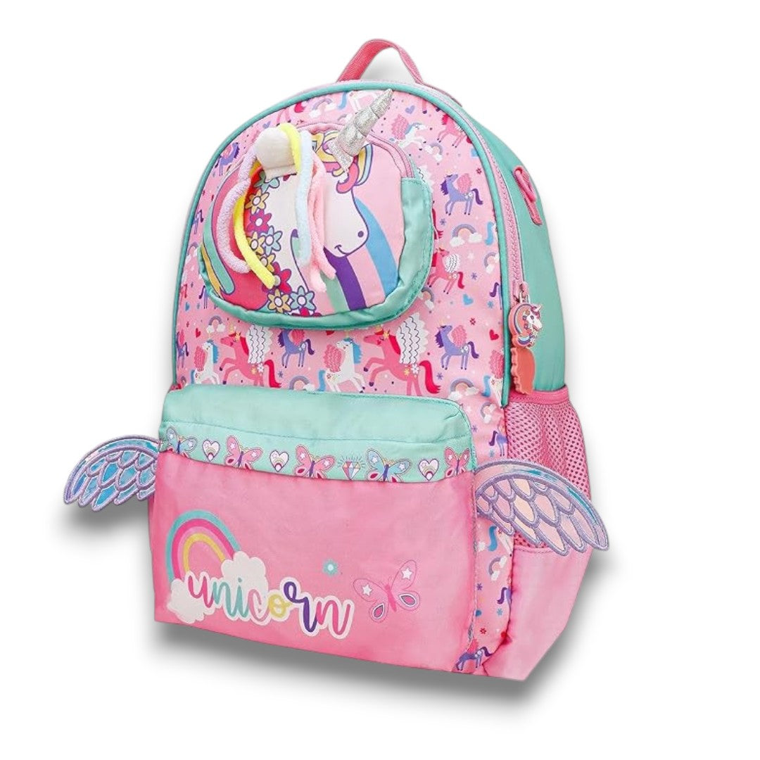Unicorn School Backpack 15 Inch – Kids Cute Unicorn Wings School Bag for Girls with Side Bottle Pockets