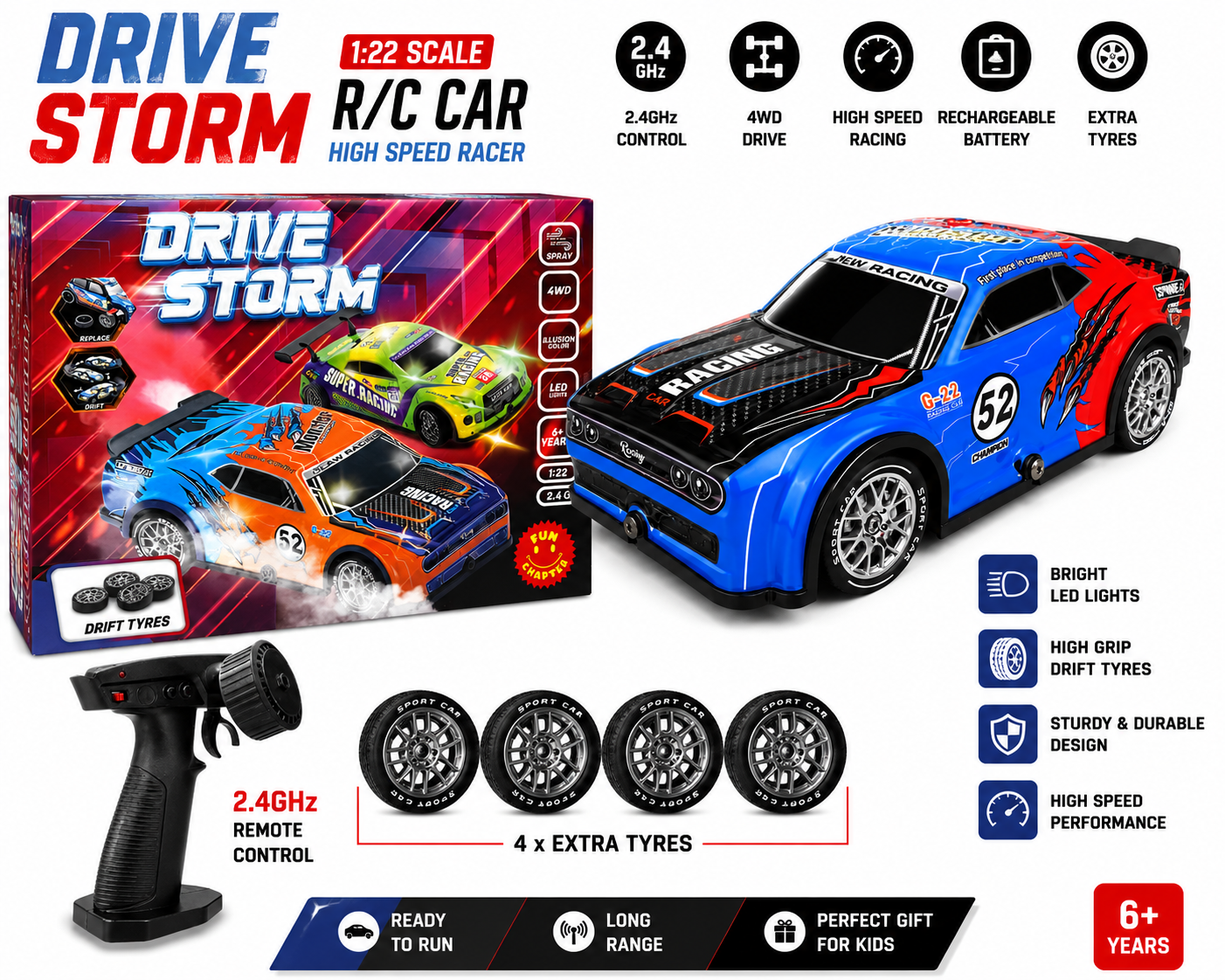 Drive Storm 1:22 Scale 4WD RC Drift Racing Car with Spray Mist, LED Lights & 2.4GHz Remote Control – High Speed Toy Car with Drift Tyres for Kids