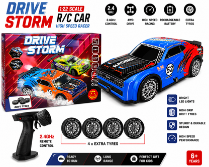 Drive Storm 1:22 Scale 4WD RC Drift Racing Car with Spray Mist, LED Lights & 2.4GHz Remote Control – High Speed Toy Car with Drift Tyres for Kids