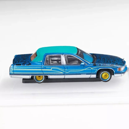 MK Miniatures 1:64 Cadillac Fleetwood Lowrider Die-Cast Model Car – Blue/Green Custom Edition