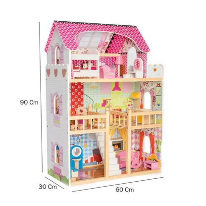 Dreamy Hearts Wooden Dollhouse – Multi-Story Pretend Play Villa with Furniture - Jaiman Toys