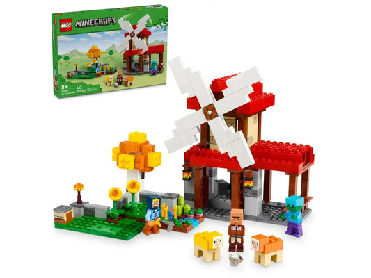 LEGO Minecraft Windmill Farm set with animal figures, minifigures, and box on white background