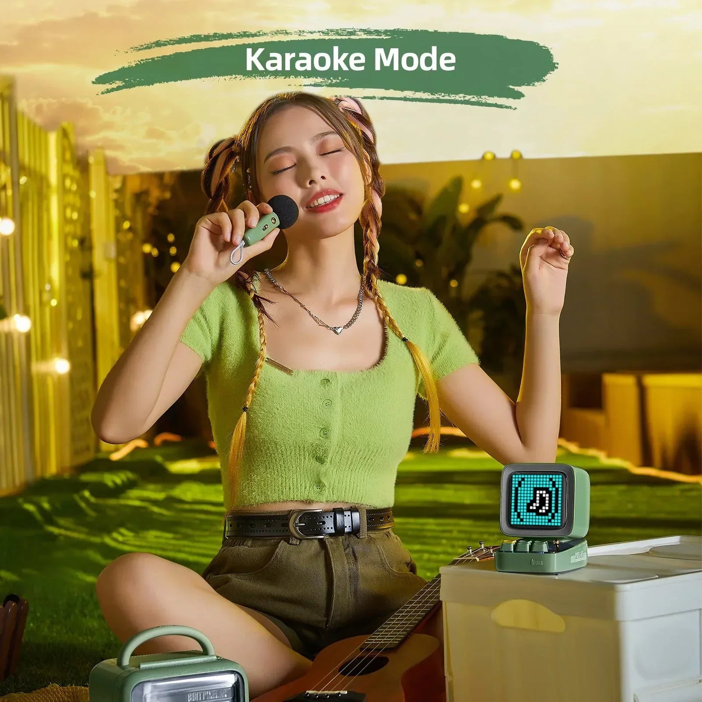 Divoom Ditoo-Mic Bluetooth Speaker with Karaoke Microphone - RGB Keyboard and Pixel Display Desktop Decor, Different Sound Modes, Ideal Gifts for Home Party, Mobile KTV (Green)