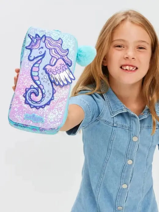 Smiggle Unicorn Glitter Pencil Pouch with Pom Pom – Kids School Stationery Pouch Case