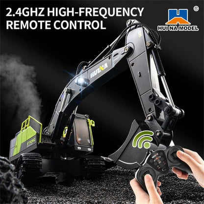 Huina 1661 1:18 Die-Cast Metal RC Excavator | 11-Channel Remote Control Construction Vehicle with LED Lights, Rechargeable Battery & 2.4GHz Radio System