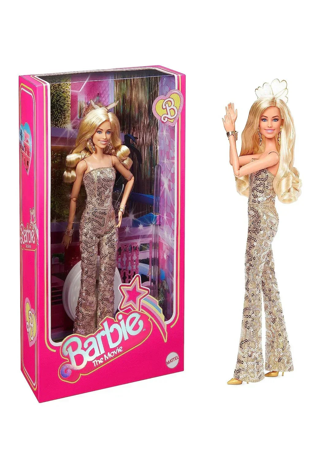 Barbie The Movie Doll, Margot Robbie as, Wearing Gold Disco Jumpsuit with Glossy Curls and Golden Heels - Jaiman Toys