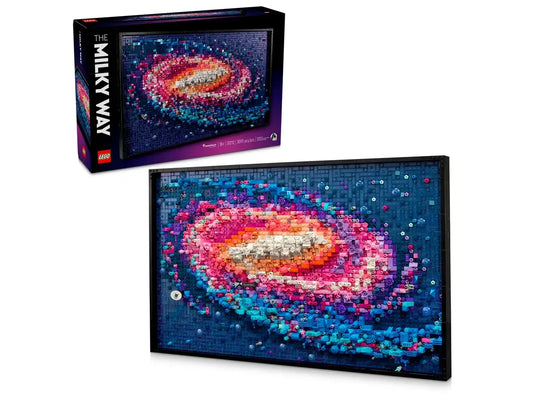 LEGO Milky Way Galaxy set box and completed brick-built space mosaic art