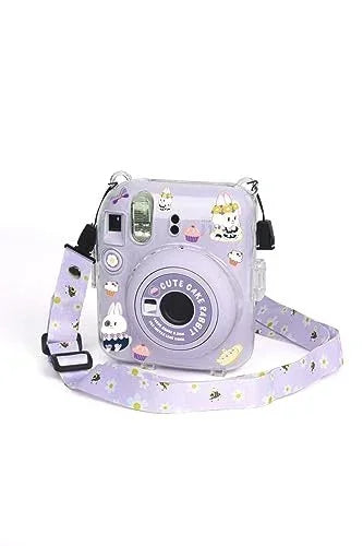 Fujifilm Instax Mini 12 Crystel Clear Camera Case + Adjustable Rainbow Strap and Photo Pocket in Back + Case Decorative Stickers - Lilac purple - Jaiman Toys
