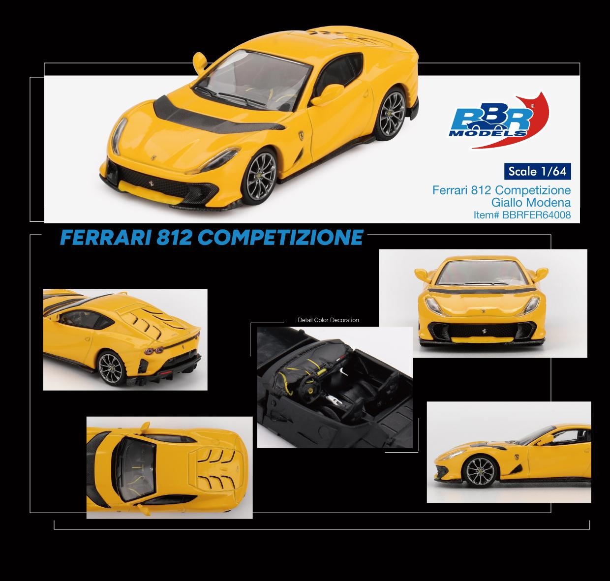 BBR Models 1:64 Ferrari 812 Competizione Die-Cast Model Car – Giallo Modena Yellow Collectible Sports Car Miniature