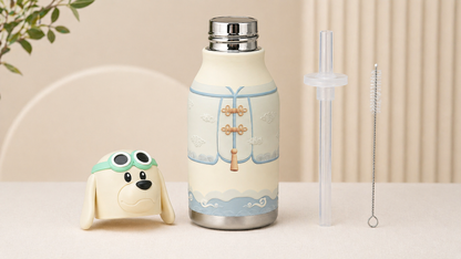 Afresh 365 Animal Head Kids Insulated Water Bottle 450ml (16oz) | Stainless Steel Straw Bottle with Cleaning Brush