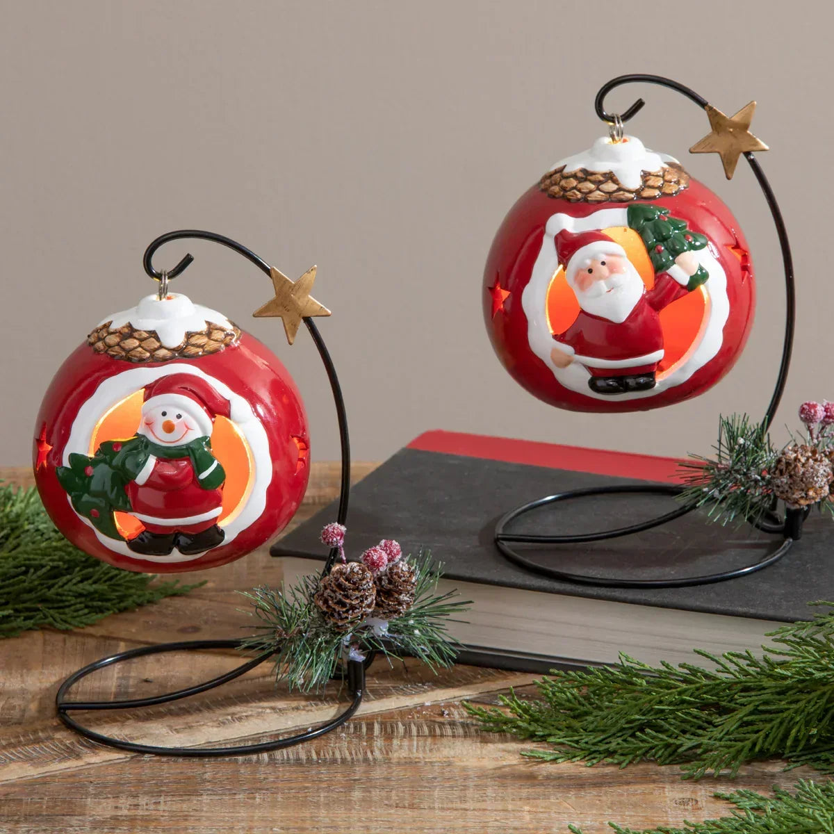 Hanging Santa Christmas Ornament with Metal Stand – Festive Bauble Décor with Pinecone & Berries | Tabletop Christmas Decoration  - 1 Piece