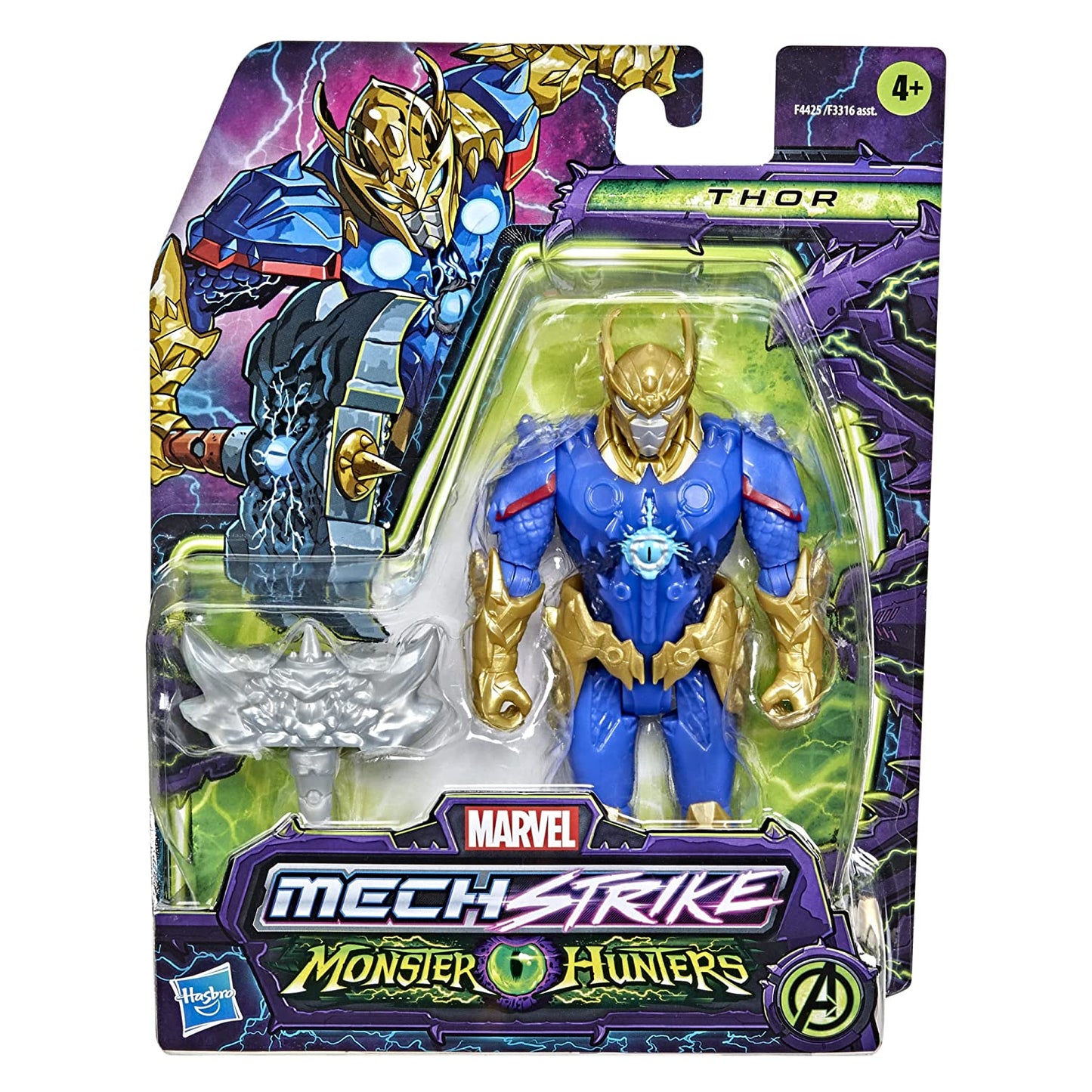 (Damaged pack) Marvel Mech Strike Monster Hunters Thor Action Figure with Hammer Accessory 6inch | Super Hero Collectible Toy for Kids 4+