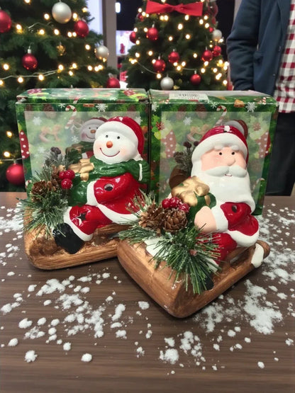 Ceramic Santa on Sled Christmas Figurine – Festive Table Décor with Pinecones & Berries | Holiday Home Decoration (1 Piece)
