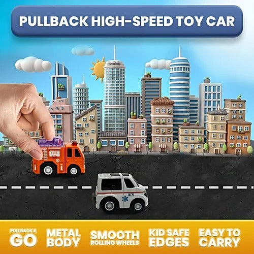 Joy Junction Mini Racer 1:64 Scale Pull Back Diecast Car Set – Ambulance & Fire Truck Toy for Kids & Collectors