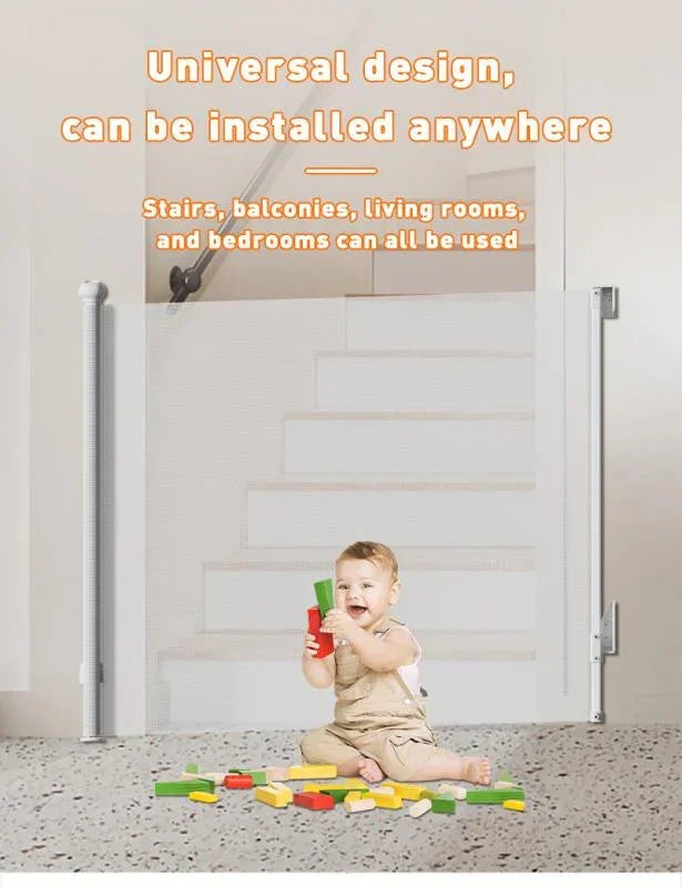 SG027 Baby Safety Gate - Retractable  – Adjustable Width Auto-Lock Mesh Safety Barrier for Doorways & Stairs (No-Drill Space-Saving Design)