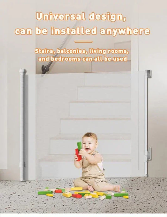 SG027 Baby Safety Gate - Retractable  – Adjustable Width Auto-Lock Mesh Safety Barrier for Doorways & Stairs (No-Drill Space-Saving Design)