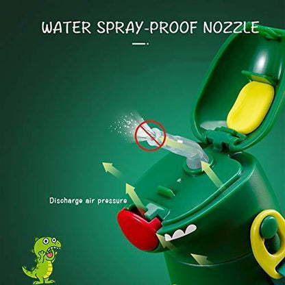 Kids Dino Water Bottle with One-Touch Flip Lid and Straw, Stainless Steel Bottle 400 ML (Green) - Jaiman Toys