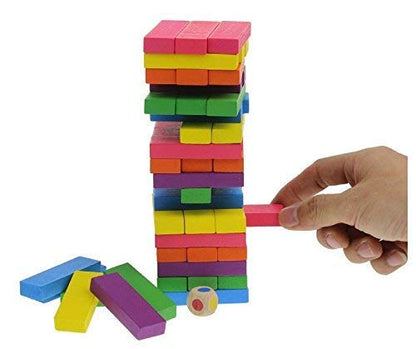Simarr Coloured Stackeez Wooden Tower Stacking Game – 54 Piece Wooden Blocks with Dice | Classic Family Balance Game for Kids & Adults