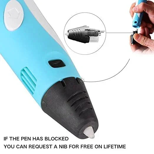 Close-up of a blue 3D printing pen with a removable nozzle and text instructions.