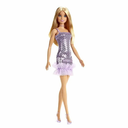 Barbie Doll with Blonde Hair: Lavender Metallic Mini Dress &amp; Trendy Accessories - Perfect Kids' Toy Gift!" - Jaiman Toys