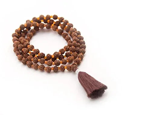 Maha Mala Carnelian & Rudraksha 108 Beads Meditation Mala – 6mm Rudraksha + 3.5mm Carnelian | Handmade in India