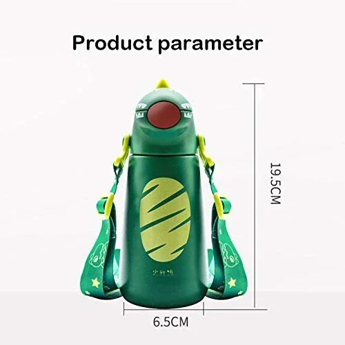Kids Dino Water Bottle with One-Touch Flip Lid and Straw, Stainless Steel Bottle 400 ML (Green) - Jaiman Toys