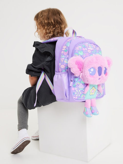 Smiggle Koala Plush Backpack for Kids (14 Inch)  – Cute School Bag with Soft Toy Front & Side Pockets (Purple)