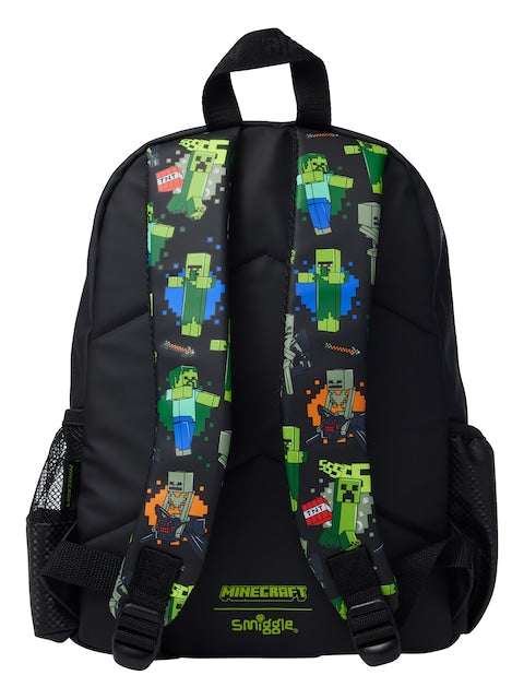 Smiggle Minecraft Backpack for Kids (14 Inch) – Creeper School Bag with Front Pocket & Side Mesh (Black & Green)