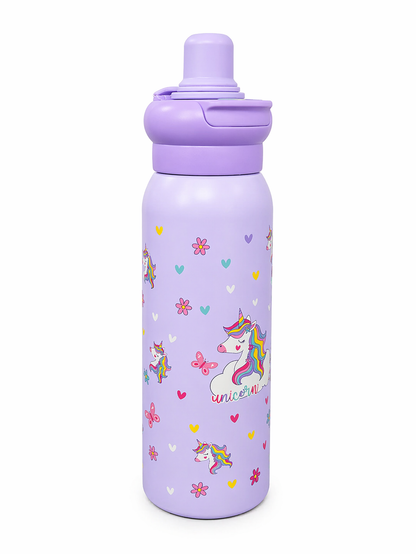 Kids Stainless Steel Unicorn Water Bottle 620ml with Straw Lid – Leakproof School Bottle for Girls (Cute Unicorn Design)