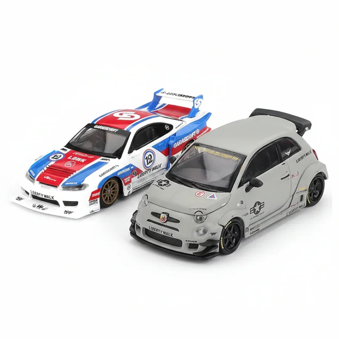 Mini GT 1:64 Duo Set (Blister Pack) – Nissan LBWK S15 Silvia Garasi Drift 2025 + Abarth 595 LB-WORKS Abas Works Fighters Diecast Models