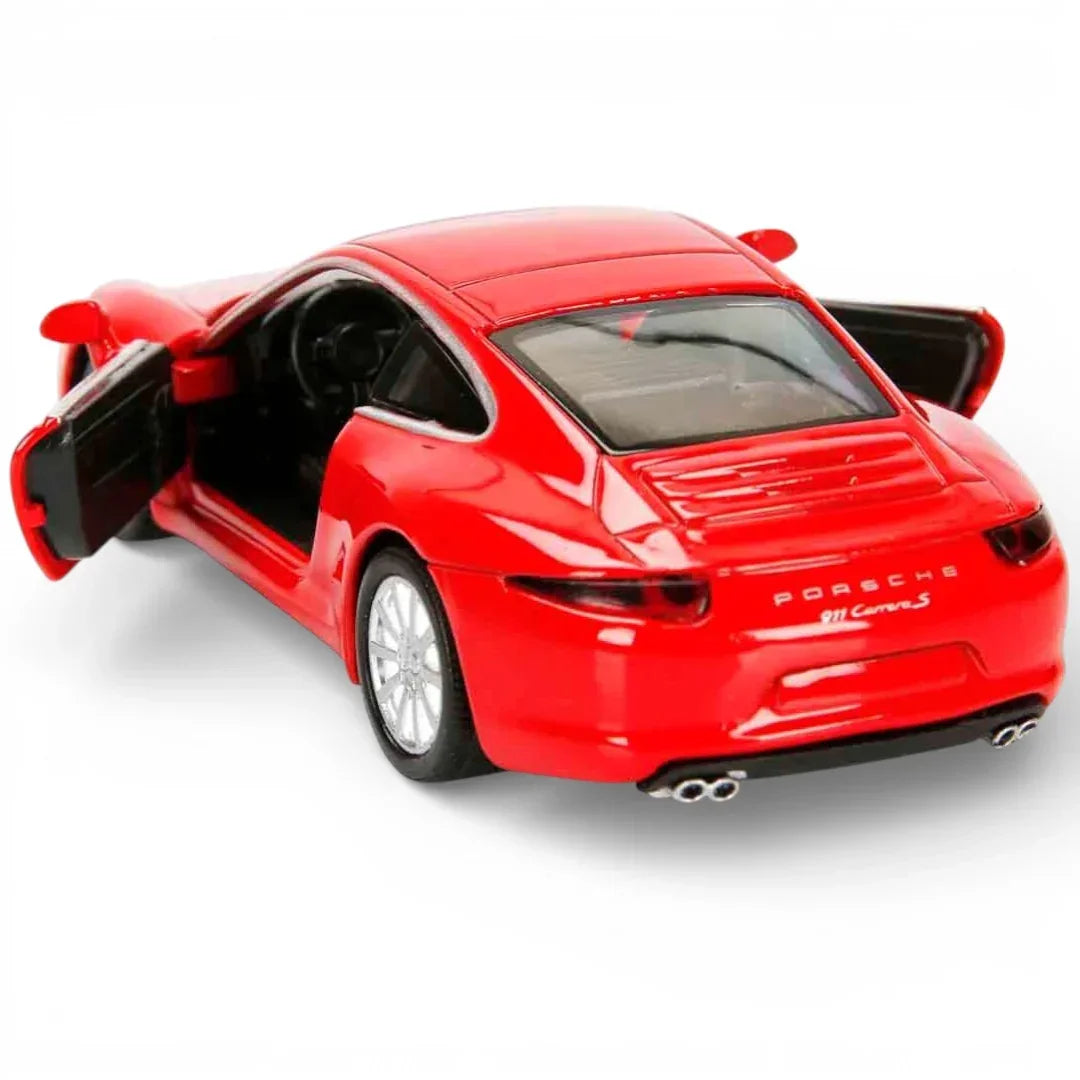 RMZ City 1:36 Porsche 911 Carrera S Diecast Car Model – Opening Doors, Pull Back Action (Red & Grey Variants)
