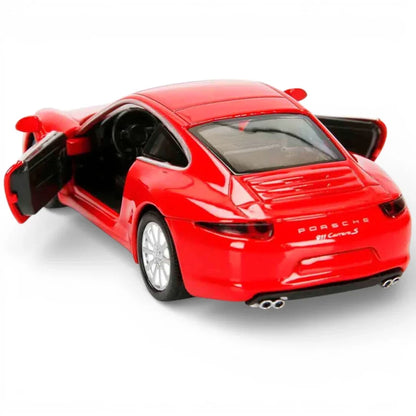 RMZ City 1:36 Porsche 911 Carrera S Diecast Car Model – Opening Doors, Pull Back Action (Red & Grey Variants)