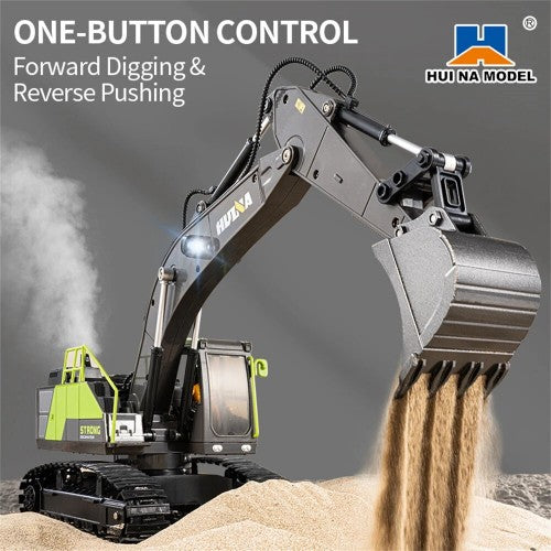 Huina 1661 1:18 Die-Cast Metal RC Excavator | 11-Channel Remote Control Construction Vehicle with LED Lights, Rechargeable Battery & 2.4GHz Radio System