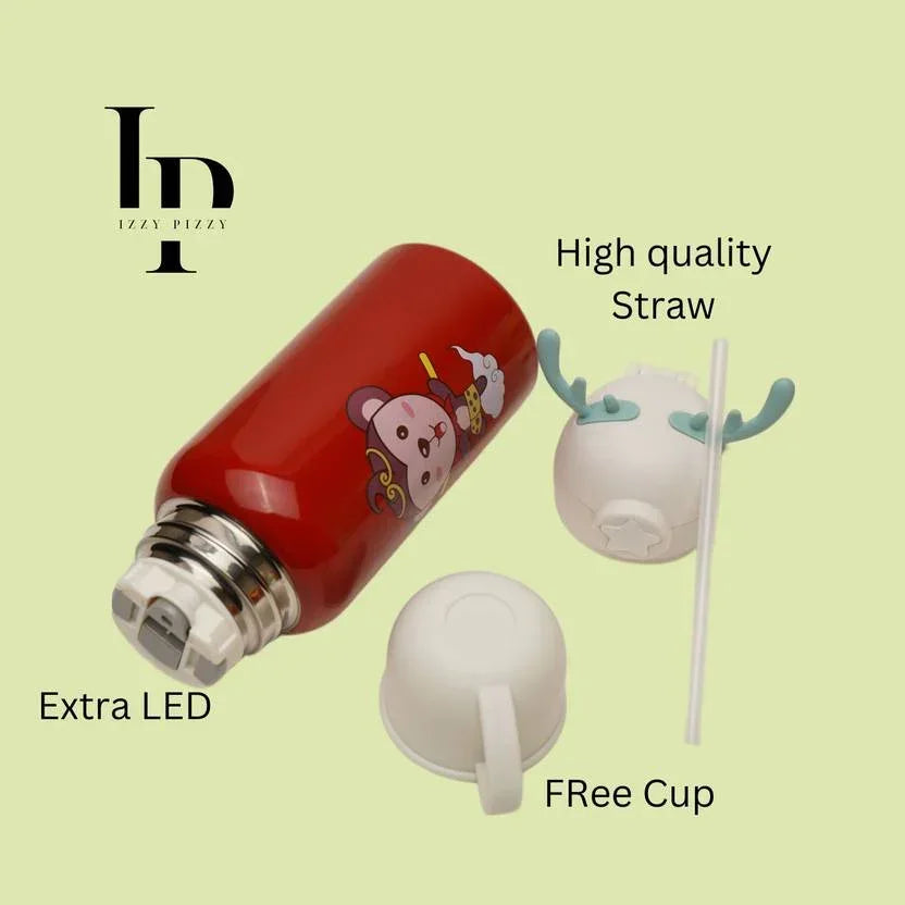 Deer Stainless Steel Water Bottle For Kids with carry bag, additional cup and sipper 500 ML (Red) - Jaiman Toys