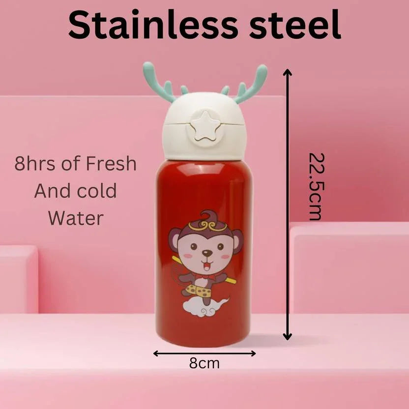 Deer Stainless Steel Water Bottle For Kids with carry bag, additional cup and sipper 500 ML (Red) - Jaiman Toys