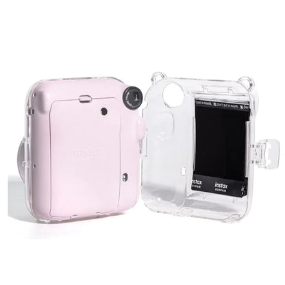 Accessories Bundle - Camera Case for Fujifilm Instax Mini 12 (Crystel Clear) + Adjustable Rainbow Strap and Photo Pocket in Back + Case Decorative Stickers - Blossom Pink - Jaiman Toys