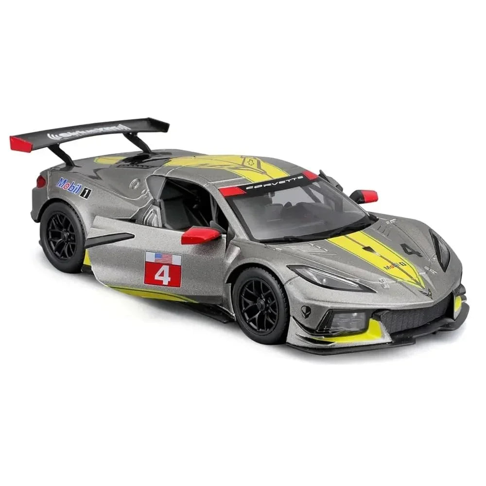 Bburago 1:24 Scale Die‑Cast Model – 2020 Chevrolet Corvette C8.R #4 (Grey Metallic with Yellow Stripes) - Jaiman Toys