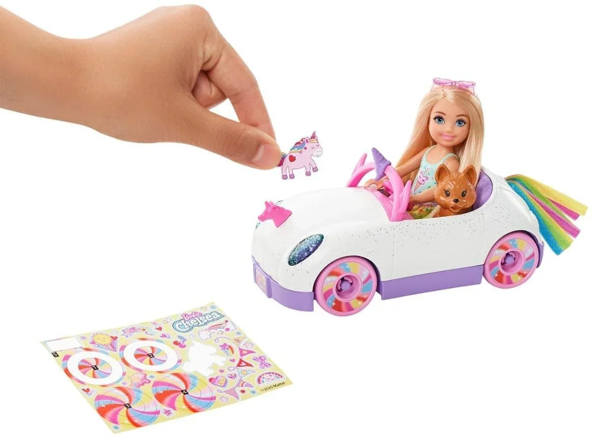 Barbie Club Chelsea™ Doll (6-inch Blonde) with Open-Top Rainbow Unicorn-Themed Car, Pet Puppy, Sticker Sheet & Accessories, Gift for Ages 3 and up - Jaiman Toys