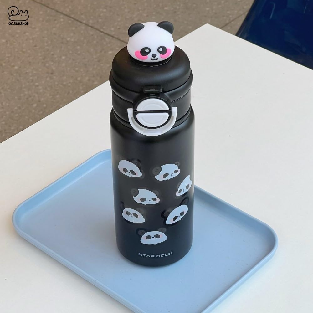 Panda Kids Water Bottle 500ML with Straw Lid – Leakproof Cartoon School Water Bottle for Children (Black)