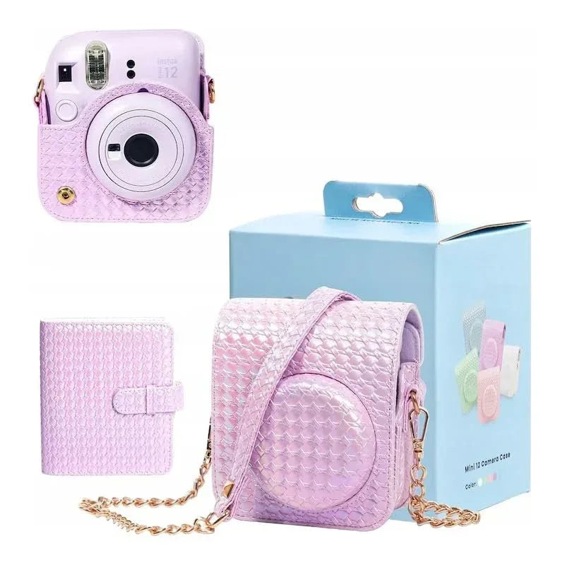 Iridescent PU Leather Case & Photo Album Set for Fujifilm Instax Mini 12 – Includes Carrying Case & 64 Sheets Photo Album (Lilac Purple) - Jaiman Toys