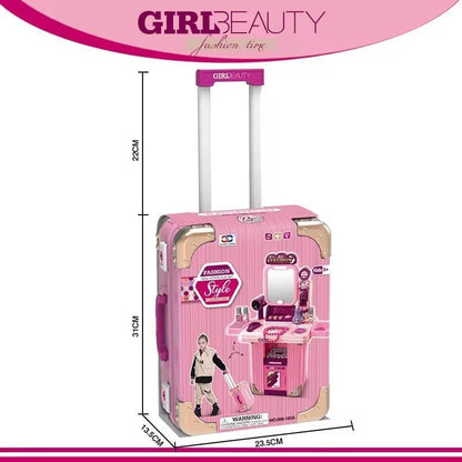 Portable Beauty Makeup Playset with Trolley Suitcase – Kids Pretend Play Vanity Set with Mirror, Hair Dryer & Accessories for Girls
