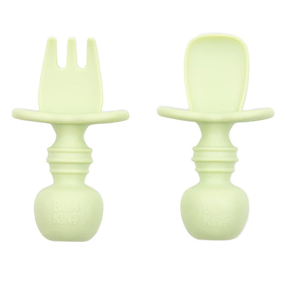 Bumkins Silicone Chewtensils Self-Feeding Baby Spoon & Fork Set – Sage | BPA-Free Food Grade Silicone Toddler Utensils | Easy Grip Baby Training Cutlery for Baby-Led Weaning | 6+ Months
